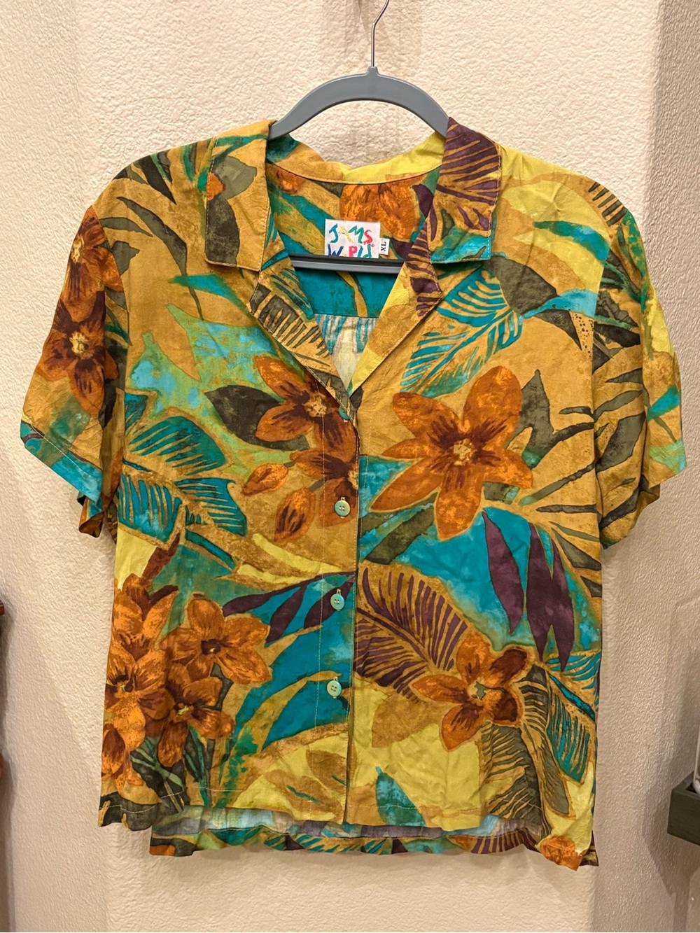 Vintage Jams World Women Tropical Floral Button-Up Hawaiian Shirt Size XL